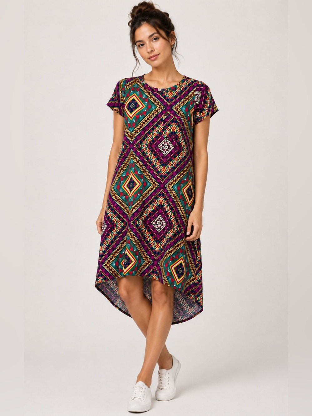 Lularoe Carly Dress Purple Green Geometric Floral Short Sleeve Pocket High Low